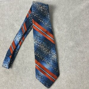 Vintage Lilly Dache’ Men’s Wide Tie Blue Orange and Tan 4” wide 56” Long
